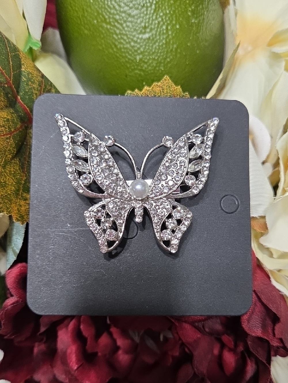 Elegant Silver Butterfly Brooch with Pearl Accent